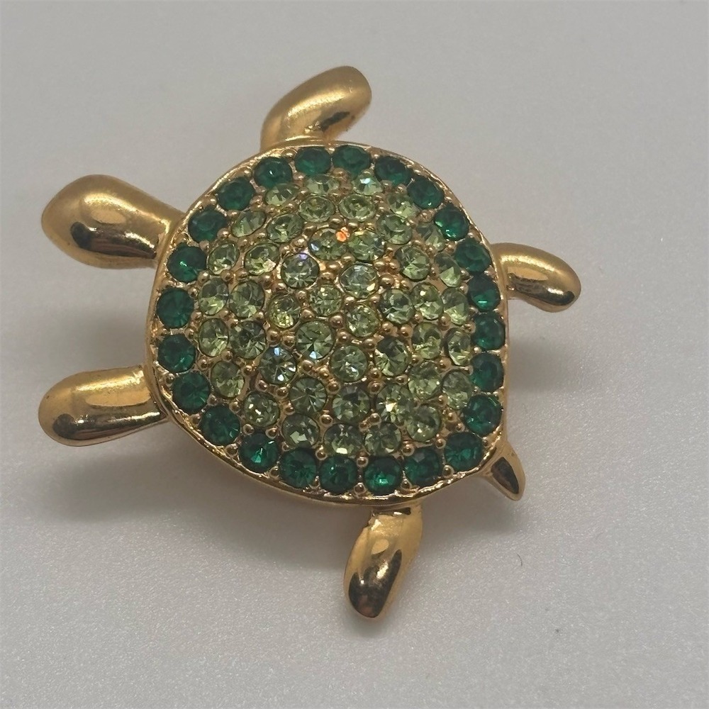 Monet Sea Turtle Brooch Pin Green Rhinestone Pave Shell Signed Vintage